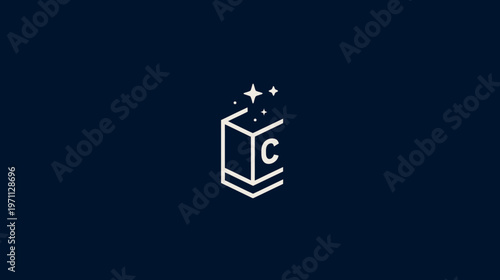 Minimalist magic book icon with letter C and sparkling stars, representing knowledge, education, and learning in line art style.