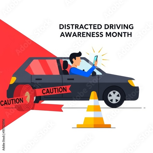 Distracted Driving Awareness Month: Man driving and using phone