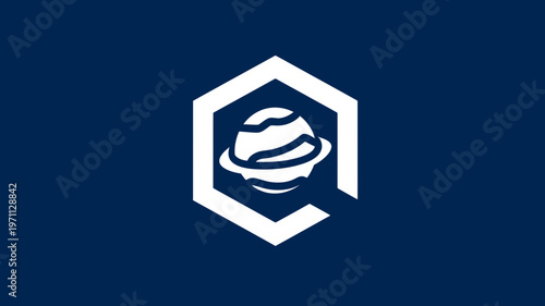 Futuristic abstract planet symbol with rings enclosed in a hexagonal frame, representing space, technology, or science
