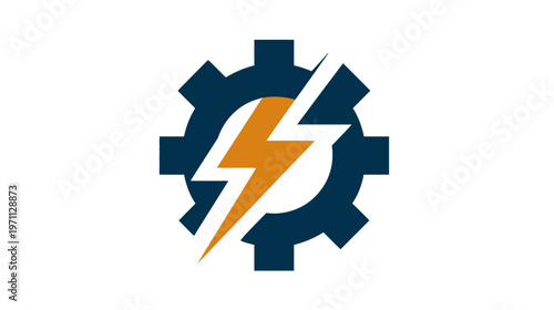 Electrical Engineering and Mechanical Power Icon. Blue Gear with Orange Lightning Bolt Symbolizing Energy, Technology, and Service.