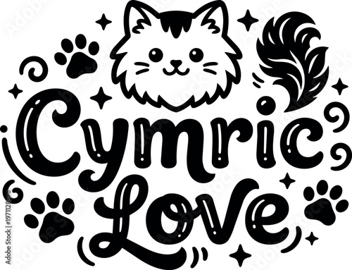Black and white cartoon cat and feather with celtic phrase cymric love decorative vector art
