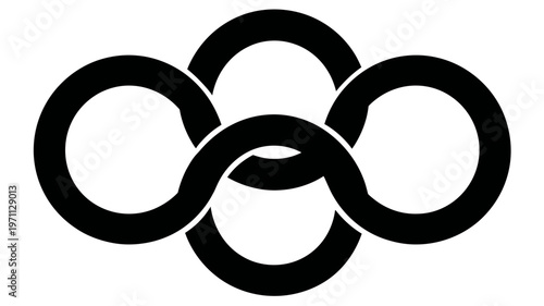 Abstract black geometric symbol of four interconnected rings, representing unity, infinity, cycle, connection, and complexity.