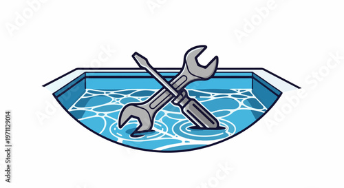 Tools submerged in blue rippling water within a swimming pool outline