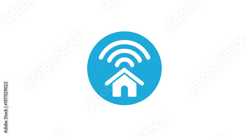 Smart home Wi-Fi icon. House emitting wireless signals within a blue circle, symbolizing home automation and IoT connectivity.