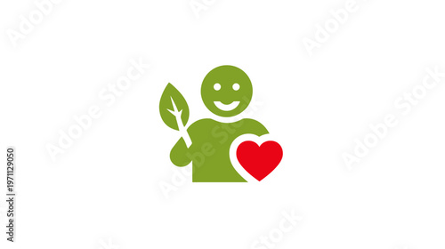 Green person icon with leaf and red heart representing natural health, wellness, environmental care, and positive lifestyle concept.