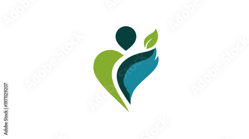 Abstract human figure in heart shape with green leaf and blue flowing element, symbolizing health, wellness, nature, environment, and care.