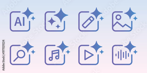Gradient blue UI icons with sparkles, element vector set