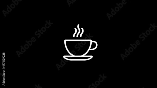 Minimalist hot coffee cup icon with steam, simple beverage graphic design element, white outline on black background