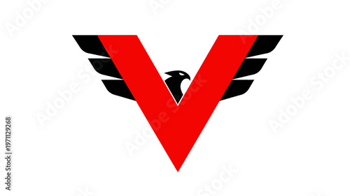 Dynamic red letter V symbol with black eagle wings and bird silhouette, modern graphic design, powerful emblem of strength and victory