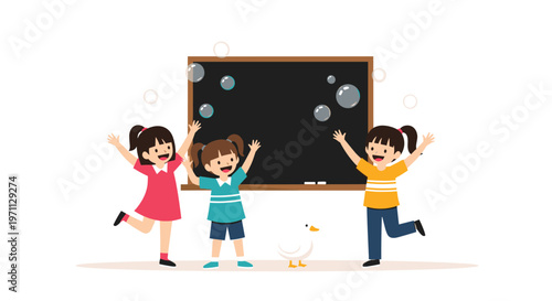 Three happy young girls playing with bubbles in front of a school blackboard on a white background, celebrating childhood and fun.