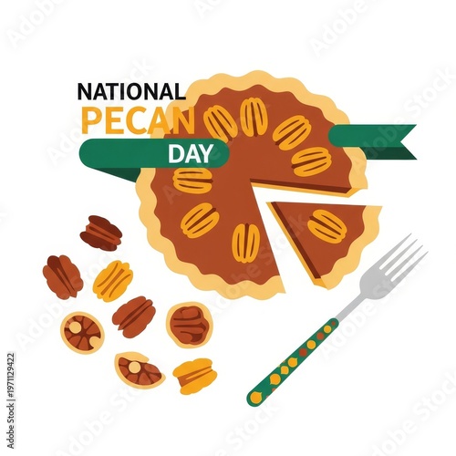 National Pecan Day celebratory illustration with pecan pie and nuts