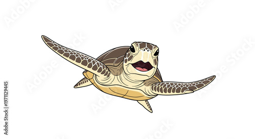 Sea turtle swimming through the water with its flippers extended and mouth open in a clean, detailed illustration on a white background.