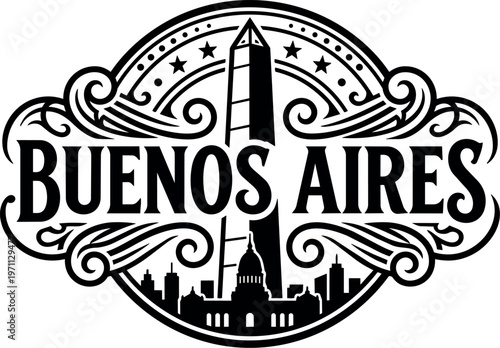 Black and white buenos aires lettering with obelisk and city skyline vector art
