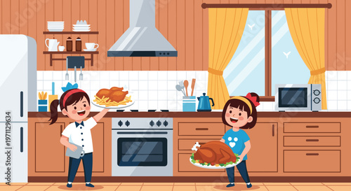 Two young girls wearing headbands joyfully holding plates of roasted chicken and turkey inside a modern kitchen with wooden cabinets.