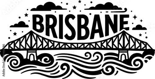 Black and white vector art brisbane story bridge with stars clouds and swirling river waves