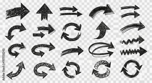 Collection of various black arrows on transparent background.