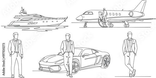 Luxury lifestyle line art set with businessman yacht private jet sports car and success concept vector illustration