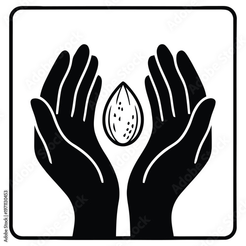 Hands holding a single bean or almond, symbol of origin and potential