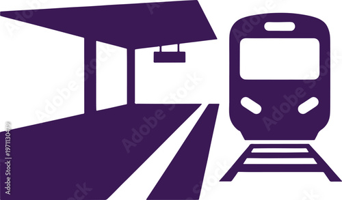 Purple Train Station Platform with Arriving Train Silhouette transportation