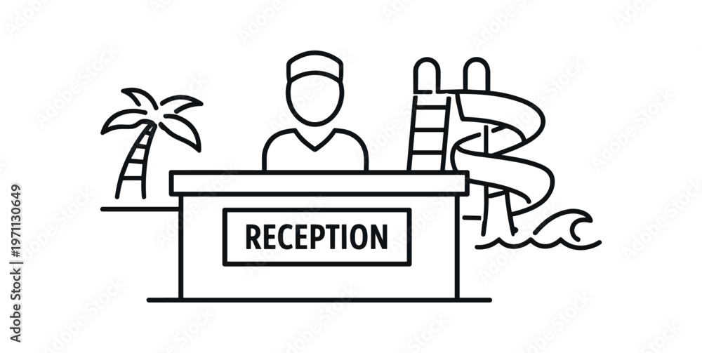 Naklejka premium Resort reception desk icon. receptionist counter, hotel check-in, vacation, palm tree, water slide. line and flat vector illustration.