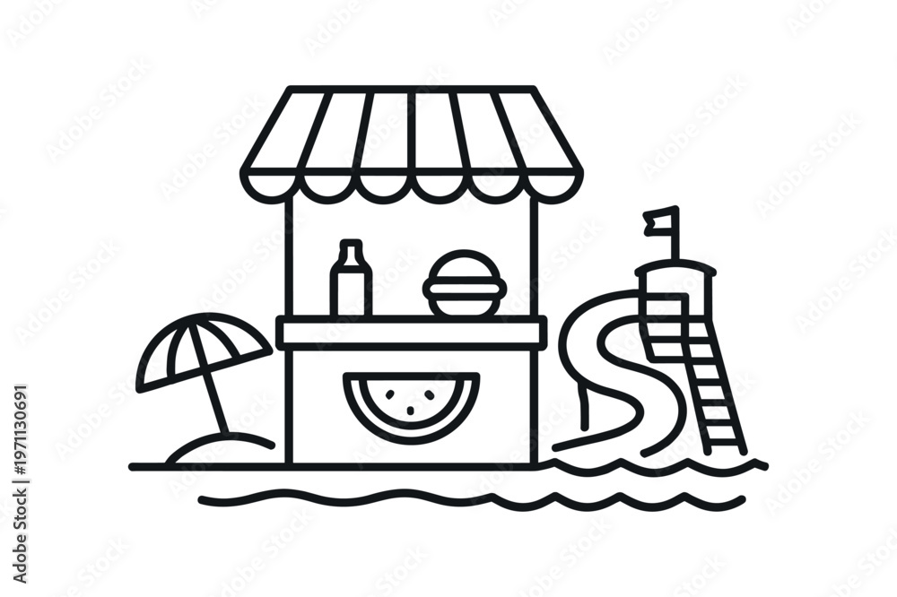 Naklejka premium Beach snack kiosk icon. snack stand, refreshment, watermelon, burger, drink, umbrella, waterslide. line and flat vector illustration.