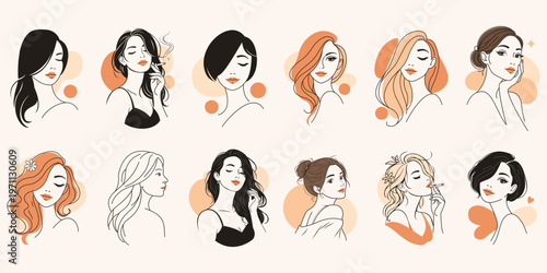 Collection of 12 Abstract Female Faces Minimal Line Art Illustration Set