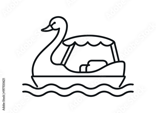 Swan paddle boat icon. pedal boat, swan-shaped ride, canopy seating, lake recreation, leisure. line and flat vector illustration.