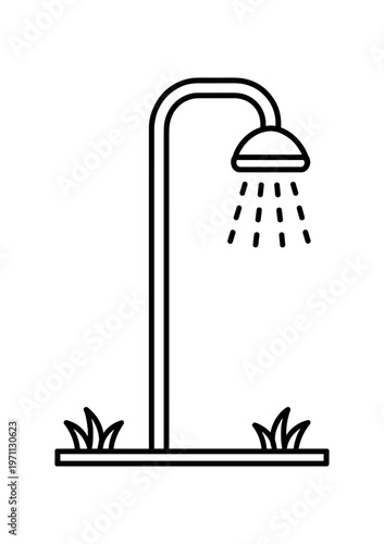 Outdoor shower icon. beach rinse shower, poolside spout, rinse station, water droplets, outdoor bathing facility. line and flat vector illustration.