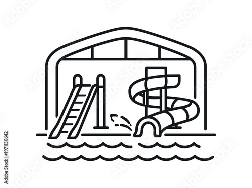 Indoor water park icon. waterslides, pool, splash play area, indoor aquatic center, family fun. line and flat vector illustration.