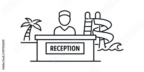 Resort reception desk icon. receptionist counter, hotel check-in, vacation, palm tree, water slide. line and flat vector illustration.