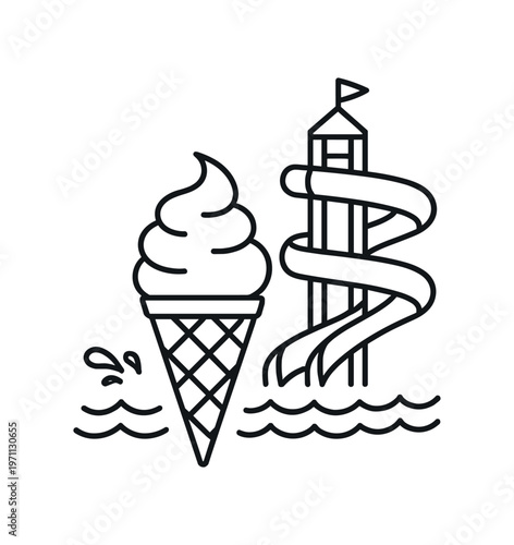 Ice cream cone and water slide icon set. soft serve, cone, waterslide, amusement park, pool fun. line and flat vector illustration.