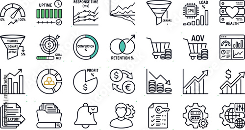 Business Performance Metrics and E-commerce Analytics Line Icon Set