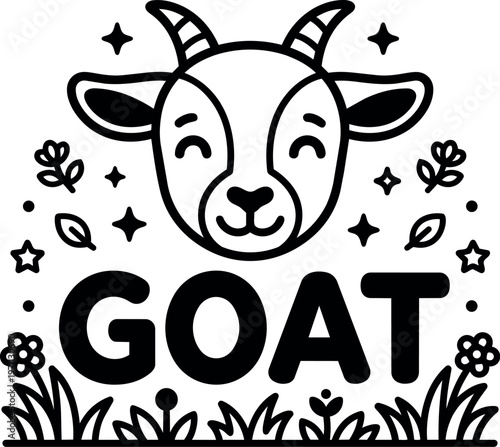 Black and white cute goat face with flowers and grass vector art