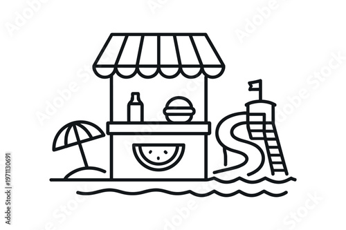 Beach snack kiosk icon. snack stand, refreshment, watermelon, burger, drink, umbrella, waterslide. line and flat vector illustration.