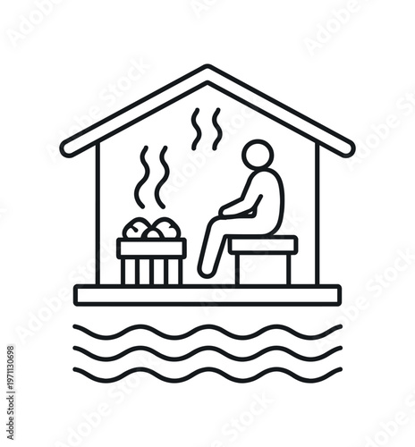 Person relaxing in a sauna by water. sauna hut, steam, hot stones, relaxation, wellness. flat vector illustration.