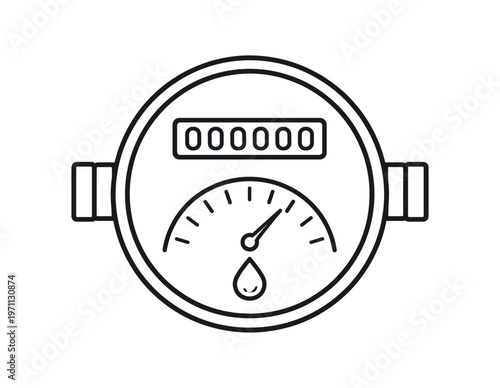 Water meter icon. flow gauge, meter reading, utility, consumption, plumbing, water drop. line and flat vector illustration.