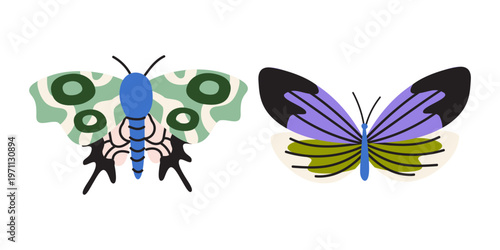 Whimsical butterflies with patterned wings. Spring garden insects for labels, stickers, kids design and scrapbooking. Vector illustration in hand drawn flat style