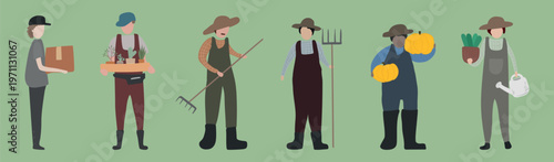 Illustration of diverse gardeners with tools and produce. Farmers holding pumpkins, plants, and watering cans. Diverse group of gardeners and farmers in action. Element vector set.