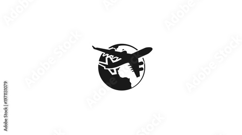 Global travel and aviation icon with airplane circling the earth, monochrome graphic symbolizing international flights and worldwide transport.