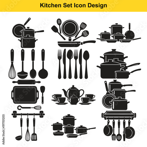 A comprehensive collection of black silhouette kitchen set icon designs, featuring various cooking pots, pans, utensils, and tea sets.