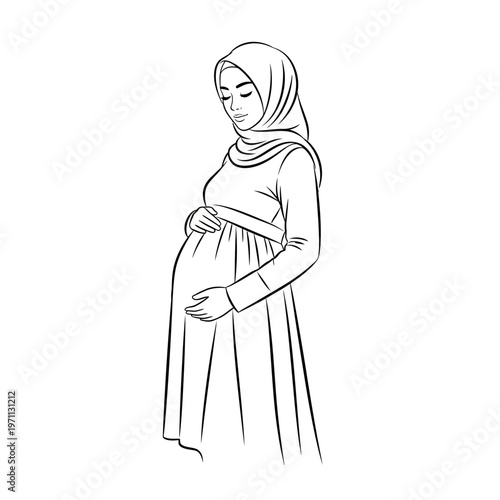 Pregnant Muslim Woman Wearing Hijab Dress.