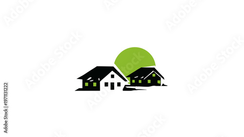 Modern graphic illustration of two houses with a green sun, symbolizing eco-friendly real estate and sustainable living