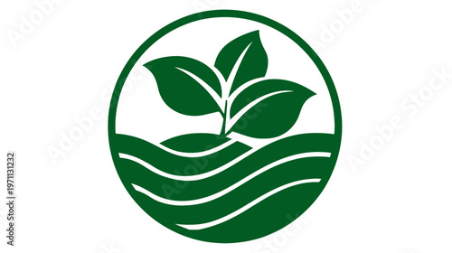 Green circular icon: growing plant with leaves, soil, and wavy water, symbolizing natural growth, sustainability, agriculture, and ecology.
