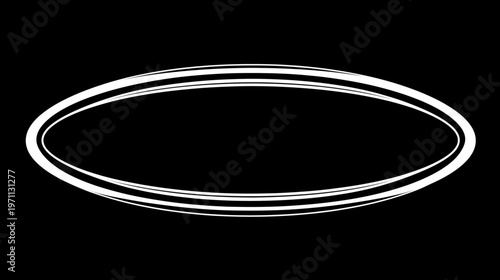 Abstract white multi-line elliptical ring graphic on black background. Modern digital design element or frame.