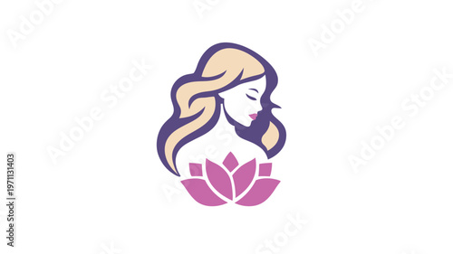 Serene Woman Profile with Flowing Hair and Lotus Flower Illustration. Elegant Beauty, Spa, and Wellness Design Concept.