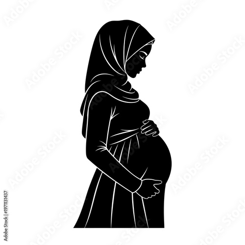 Pregnant Woman Wearing Headscarf Silhouette Profile.