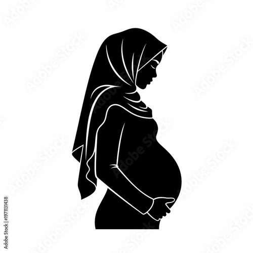 Pregnant Woman Wearing Headscarf Silhouette Profile.