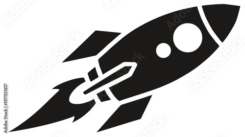Rocket launching silhouette icon with exhaust flame. Vector graphic representing space exploration, speed, startup, and innovation concept.