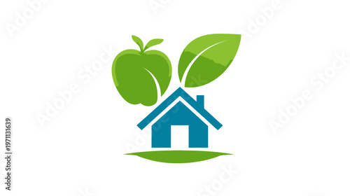 Eco-friendly house icon with green apple and leaves. Symbolizing sustainable home, healthy living, nature, and organic lifestyle concept.