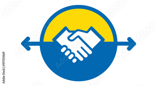 Business handshake agreement icon with arrows. Partnership, collaboration, and deal concept vector illustration in blue and yellow. Exchange.